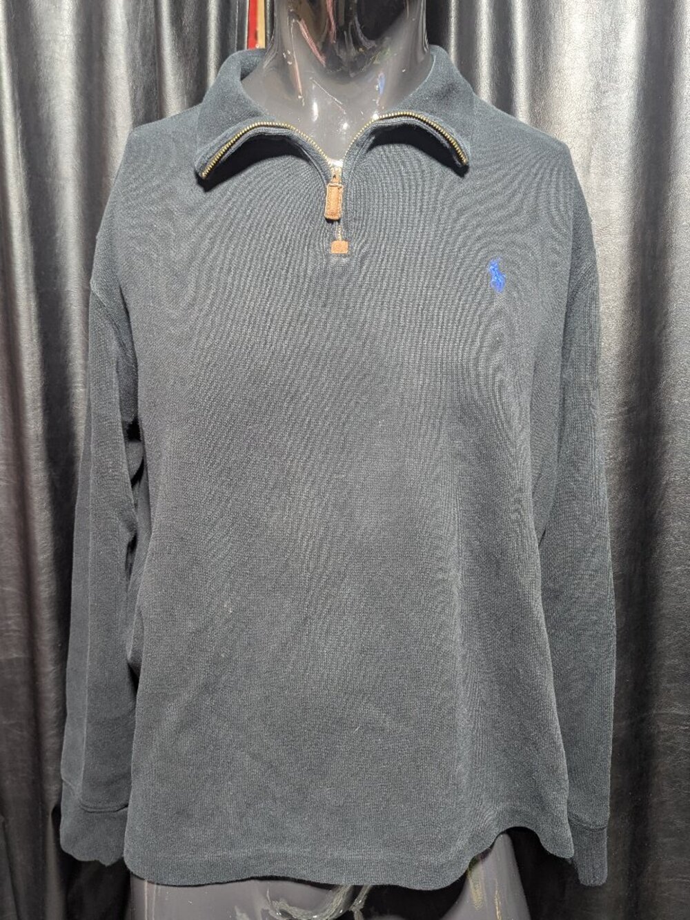 Polo Ralph Lauren Black 1/4 Zip Pullover Large Blue Pony Leather Pull